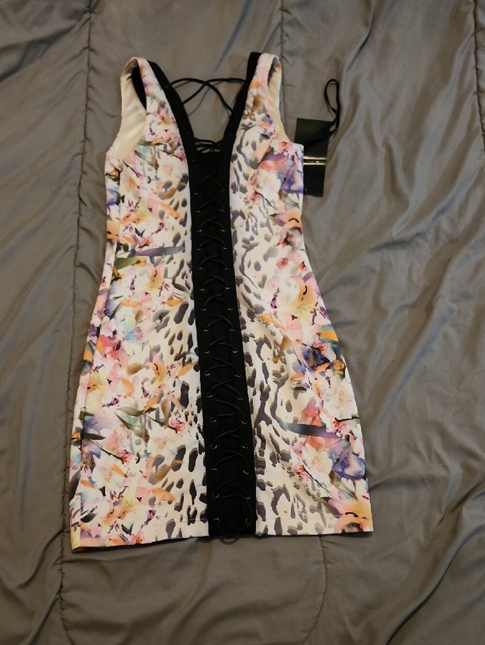 bebe Multicolor Floral & Animal Print Lace-Up Mini Dress with Black Trim - Picture 3 of 7